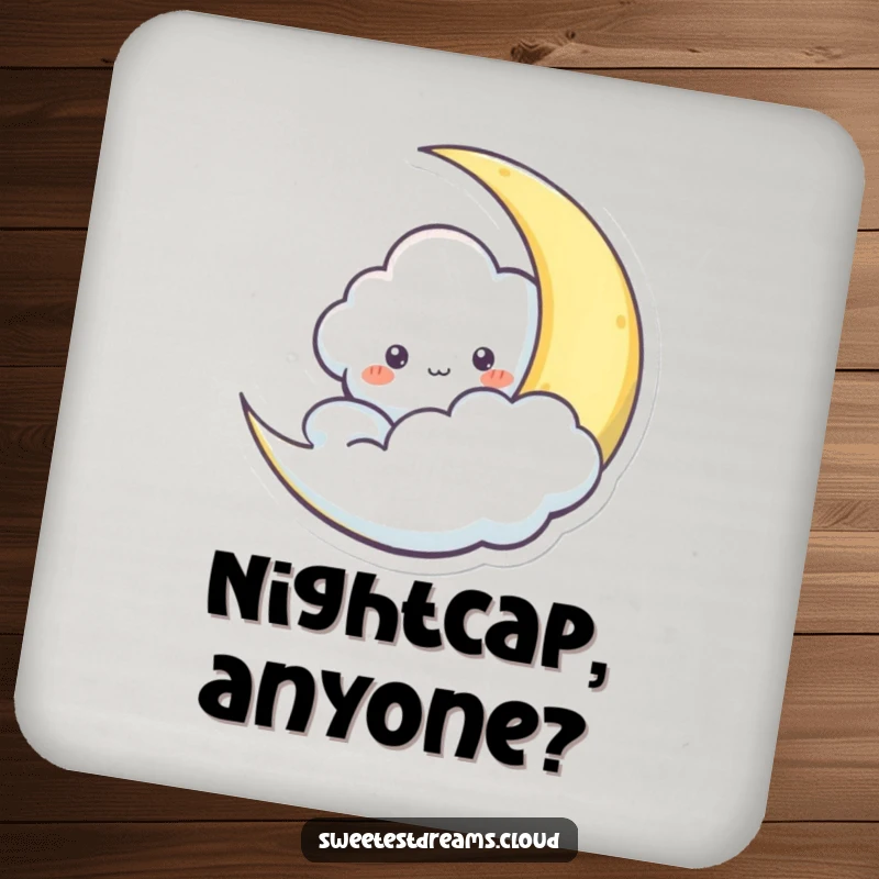 Funny drink coaster with a cloud character playfully peeking from behind a crescent moon, adding whimsical charm.