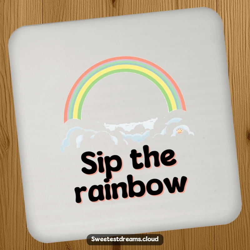 Funny Rainbow Cloud Drink Coasters with a design of a gentle rainbow arching over soft clouds, offering surface protection with hopeful and humorous flair.