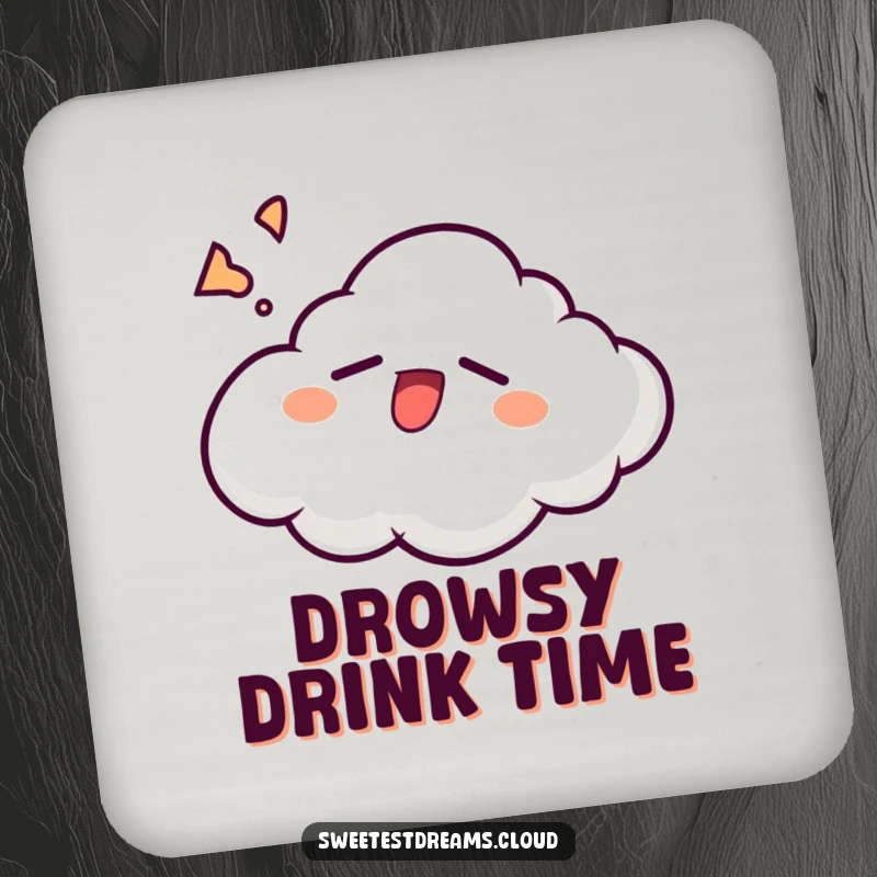 Funny cloud character yawning with a sleepy grin, designed for a humorous and protective drink coaster.