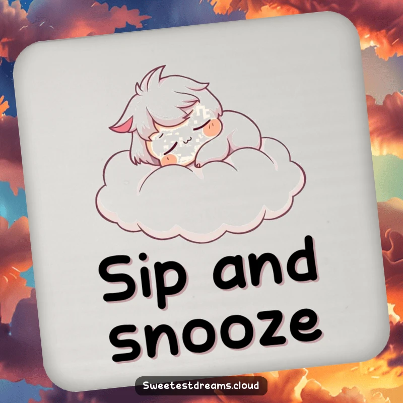 Funny Coaster: Character peacefully sleeping on a cloud, protecting surfaces with serenity, a funny home accessory.