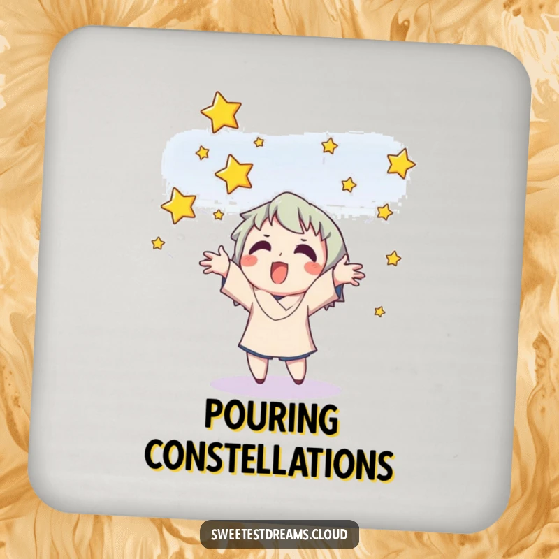 Funny coasters featuring a character collecting falling stars, adding a fun, celestial vibe.