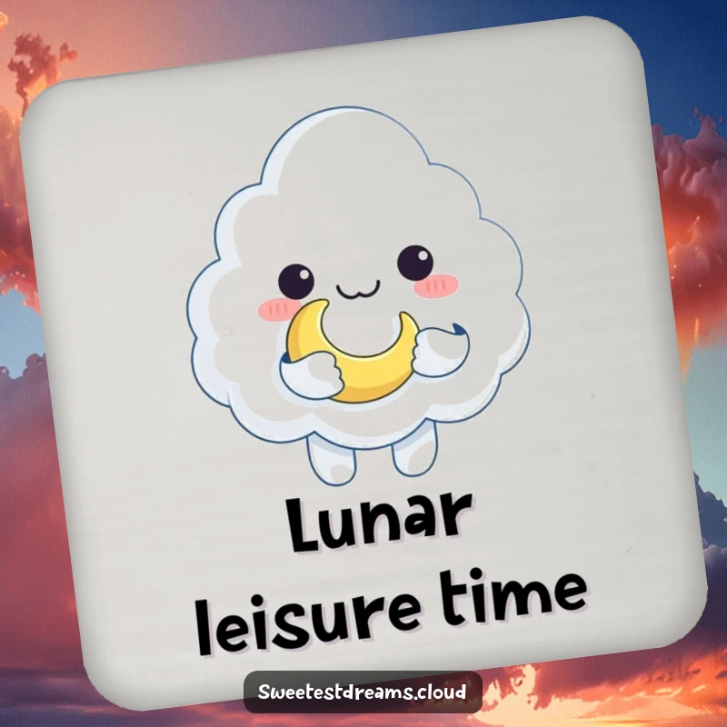 Funny cloud character holding a crescent moon like a toy, designed for a humorous and protective drink coaster.