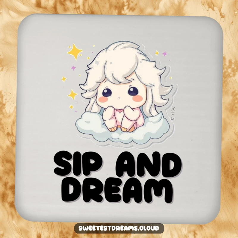 Funny coasters depicting a character dreaming amidst swirling, sparkling dust, adding whimsical charm.