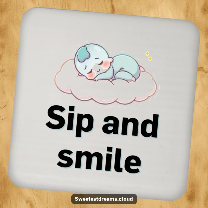Funny Drink Coaster: A character smiles peacefully while sleeping on a cloud, protecting surfaces with a dose of humorous serenity.