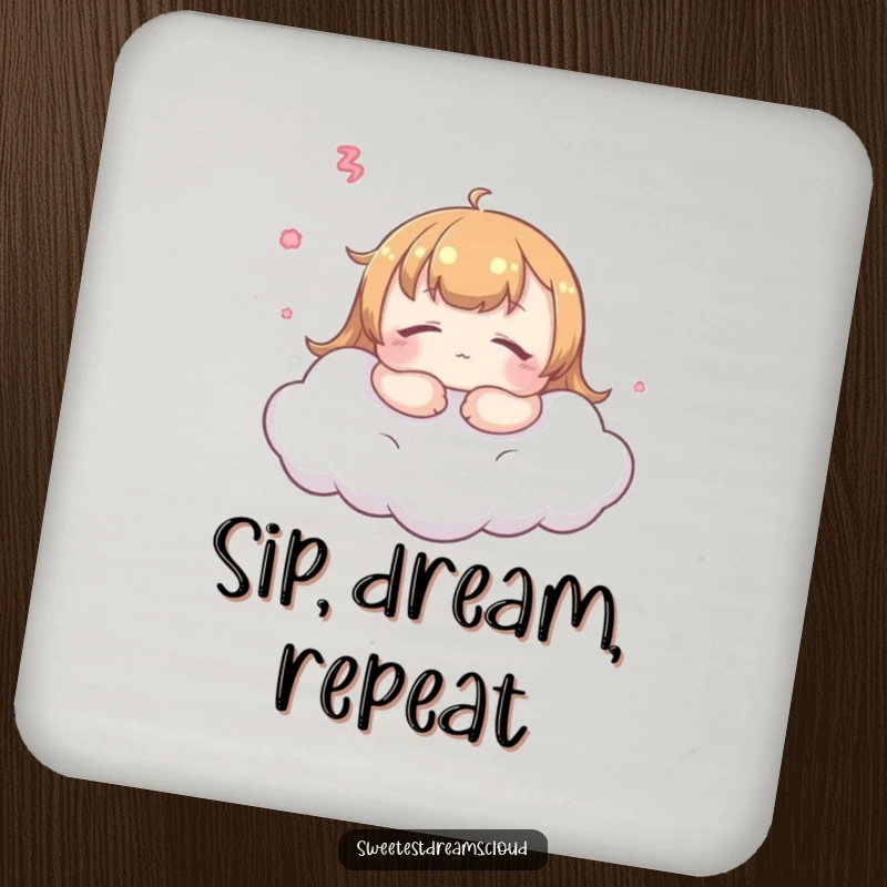 Funny kawaii dreamer drink coaster, peaceful character on a cloud, protects tables with a touch of humor.