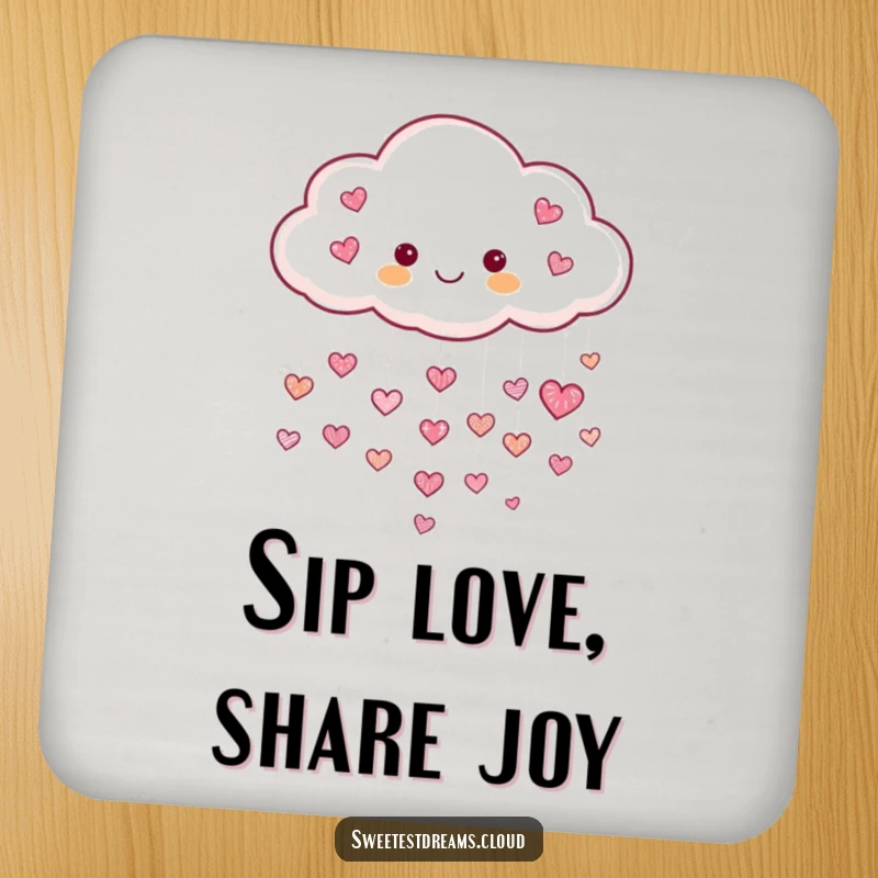 Funny Heart Cloud Drink Coasters with a design of a cheerful cloud raining tiny shimmering hearts, offering surface protection with loving and humorous flair.