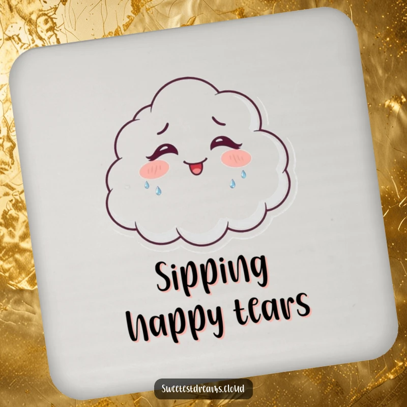 Funny giggling cloud drink coaster featuring a happy cloud character shedding glittering tears of joy, protecting surfaces.