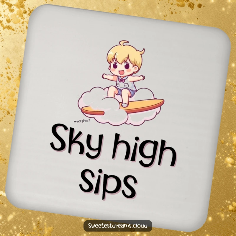 Funny coasters depicting a character riding a cloud like a surfboard, adding a playful, adventurous vibe.