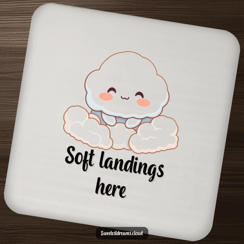 Funny drink coaster featuring a smiling cloud character nestled in fluffy clouds, adding cozy charm and surface protection.