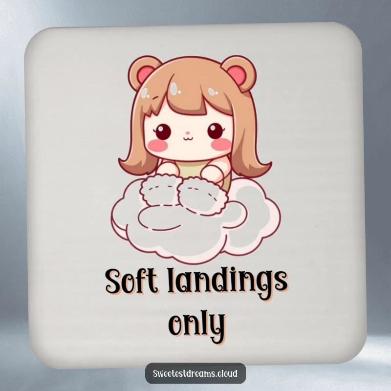 Funny kawaii character drink coaster, wearing fluffy slippers, tiptoeing on a cloud, protects surfaces with humor.