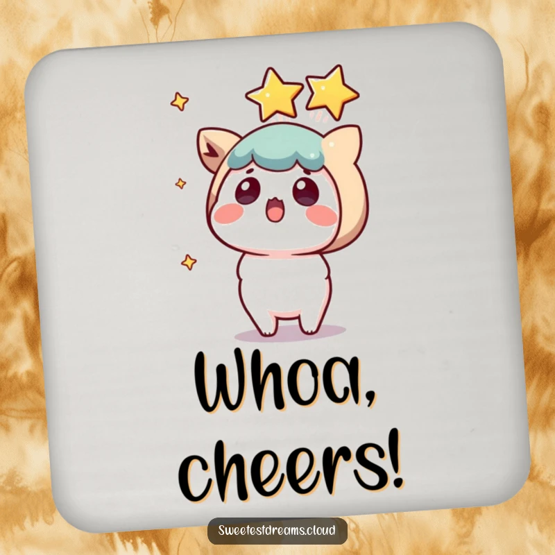 Funny kawaii character drink coaster, surprised expression, a shooting star landing, protects surfaces with humor.
