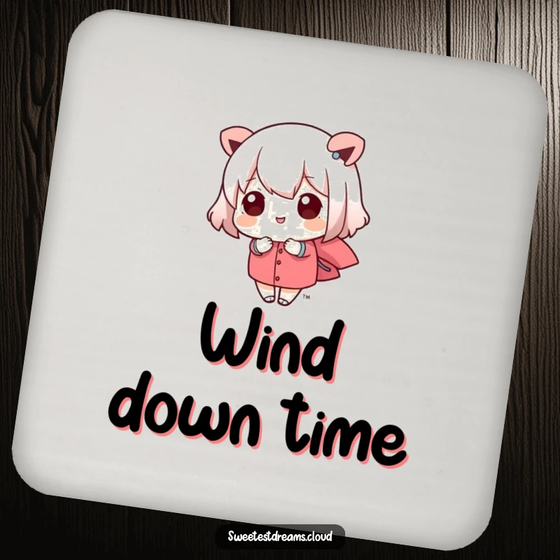 Funny kawaii character holding a drink, being gently carried by a soft breeze. This coaster is a humorous gift.