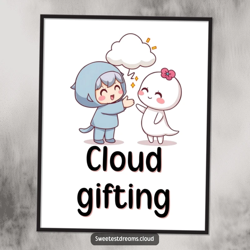 Funny poster art of a character kindly offering a cloud to another, emphasizing friendship and generosity.