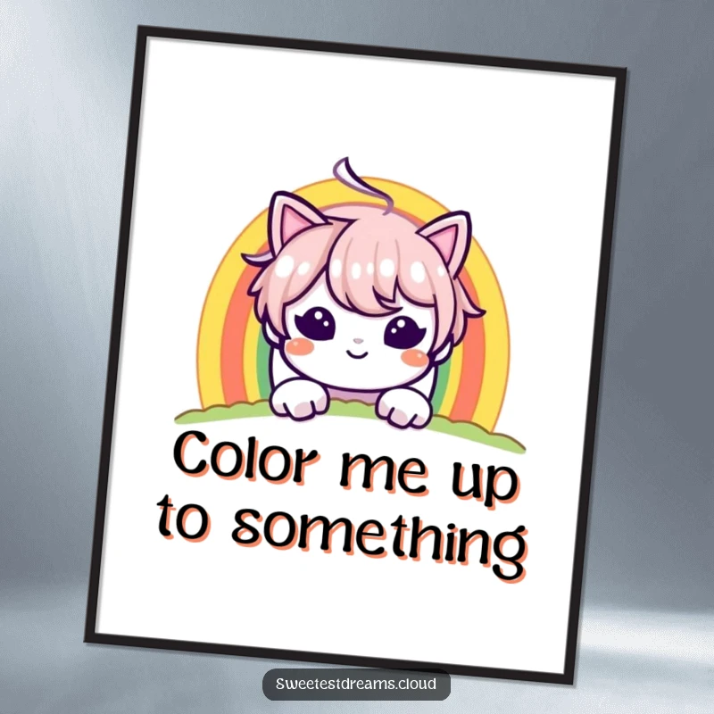 Funny poster showcasing a character peeking from behind a vibrant rainbow with a mischievous grin, adding playful decor.