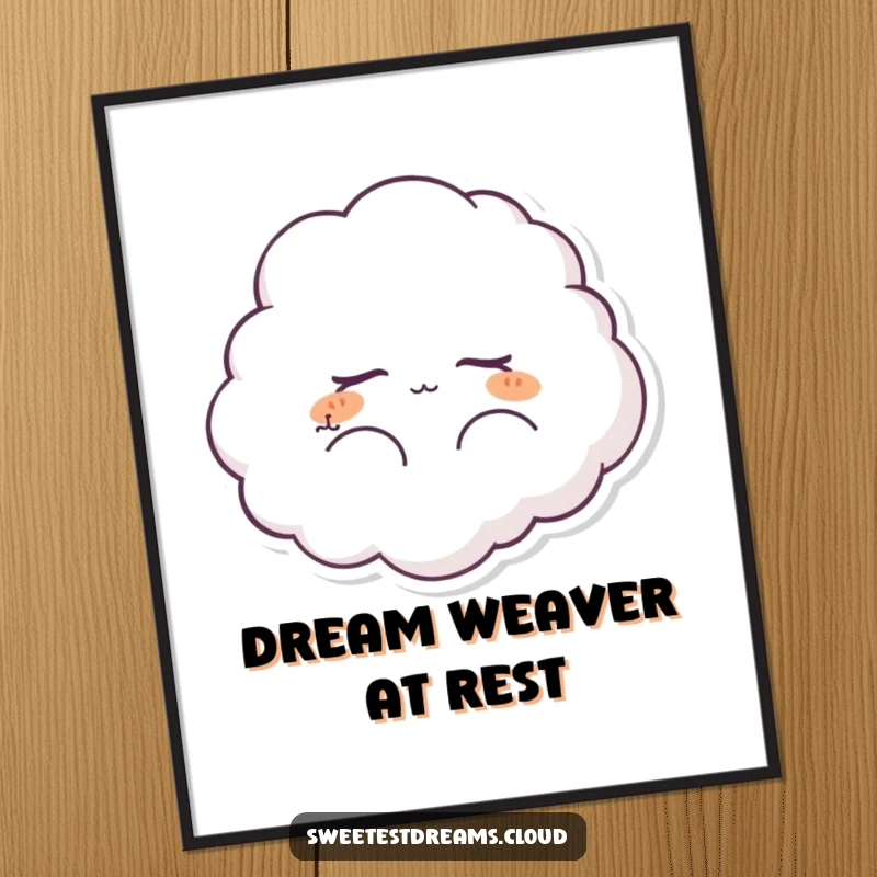 Funny fluffy cloud character poster, peacefully dreaming with eyes closed. Humorous wall art promoting serenity and gentle imagination.