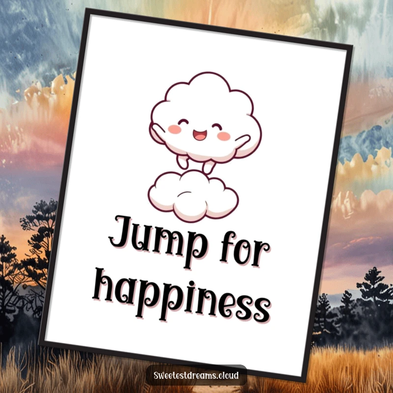 Funny cloud character joyfully bouncing on a smaller cloud. Humorous wall art.