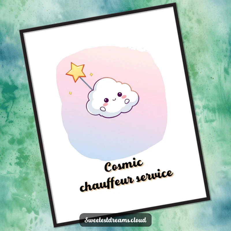 Funny poster art of a cloud character leading a shooting star across the sky, evoking wonder and smiles.