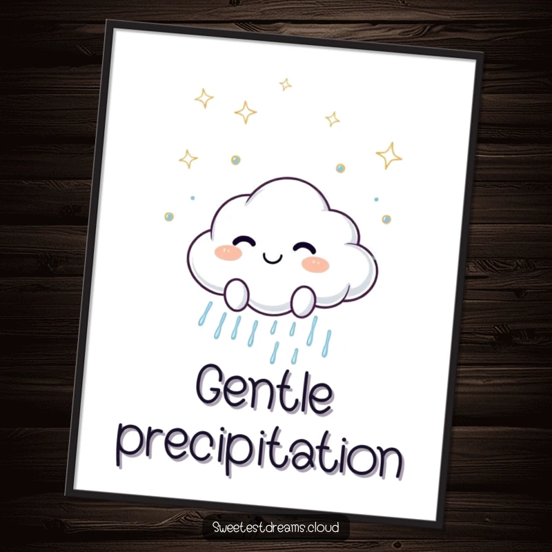 Funny poster depicting a smiling cloud character scattering sparkling raindrops, bringing a cheerful and vibrant atmosphere.