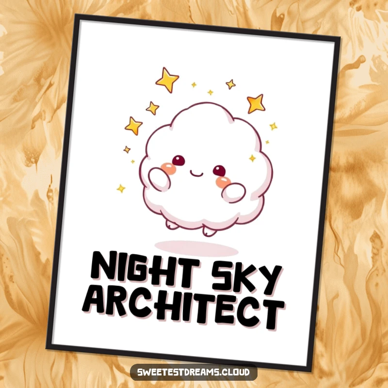 Funny Poster depicting a fluffy cloud character playfully tossing sparkly stars, evoking a sense of wonder and magic.