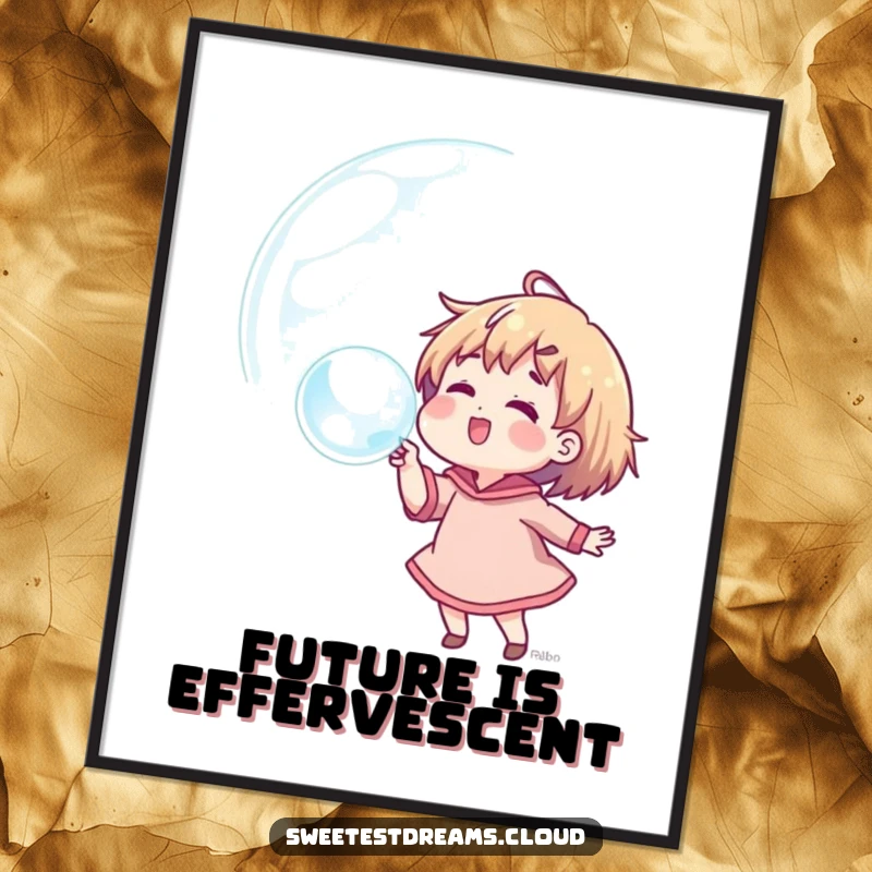 Funny poster displaying a character joyfully blowing a massive bubble reflecting colorful dreams, adding a whimsical touch to decor.