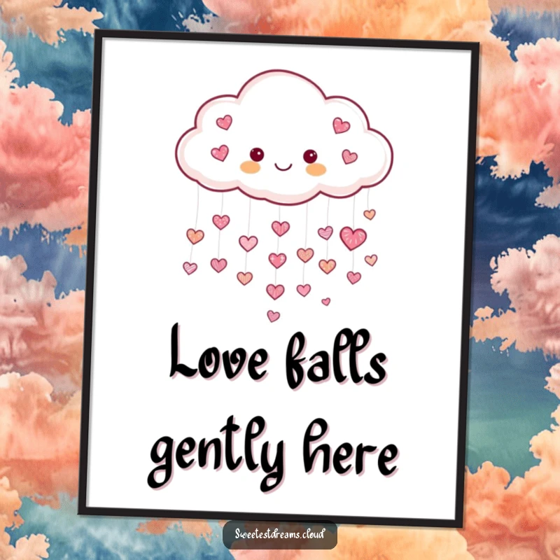 Funny Heart Cloud Poster featuring a cheerful cloud raining tiny shimmering hearts, creating loving and humorous wall art.