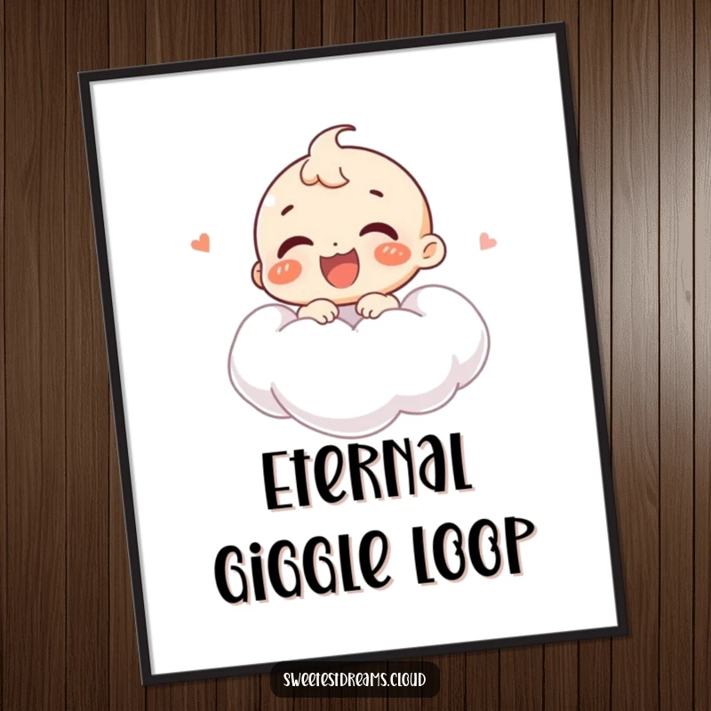 Funny poster of a joyful character giggling mid-air on a soft cloud, bringing infectious happiness and humor to decor.