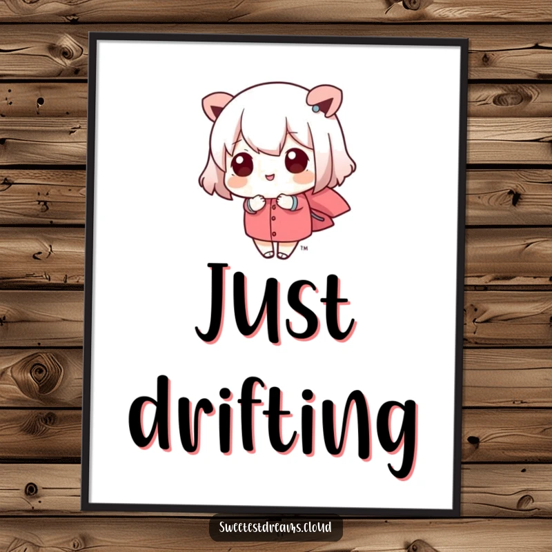 Funny kawaii character gently floating on a breeze, conveying peace and joy. This poster is a humorous and tranquil art gift.