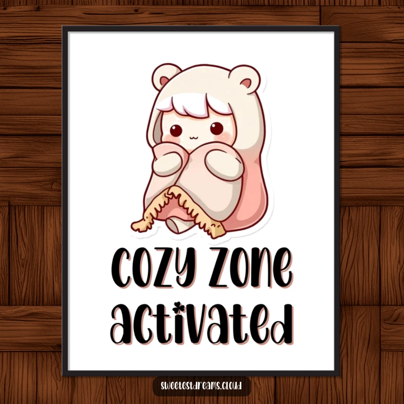 Funny kawaii character poster showing a cute character snuggled deeply in a warm blanket, looking utterly cozy and relaxed.