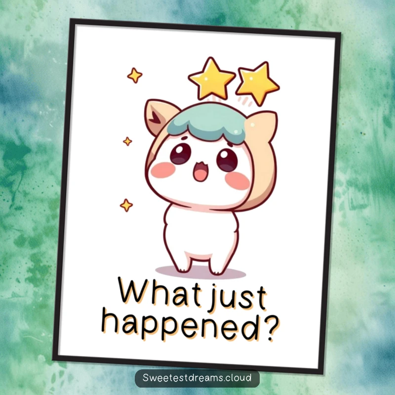 Funny kawaii character poster, surprised expression, a shooting star lands nearby, whimsical and humorous wall art.