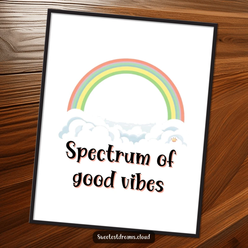 Funny Rainbow Cloud Poster featuring a gentle rainbow arching over soft clouds, creating hopeful and humorous wall art.
