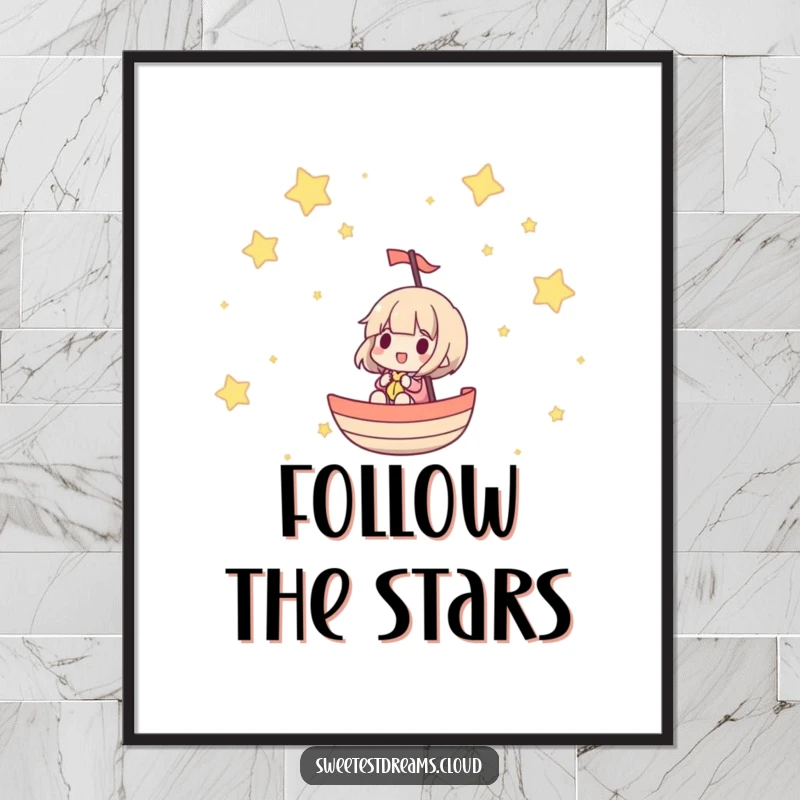 Funny poster art of a character sailing through a sky brimming with twinkling stars, evoking a sense of peace.