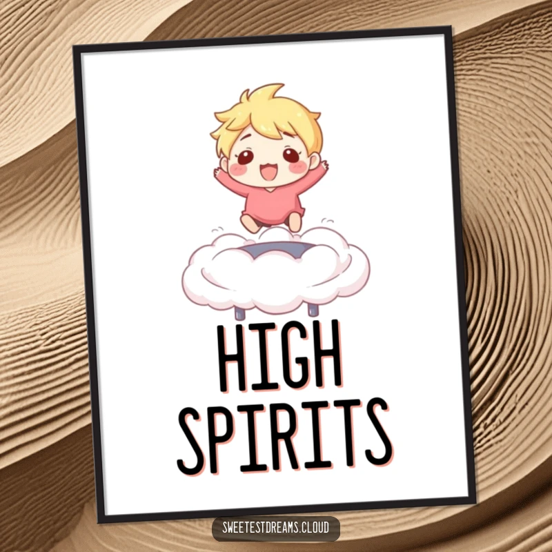 Funny Poster: Character joyfully jumping on a cloud trampoline, radiating happiness and energy, a funny wall piece.