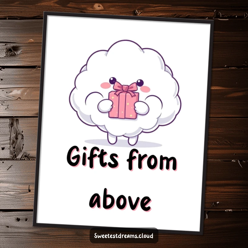 Funny cloud character presenting a sparkling gift box from its fluffy form. Humorous wall art.