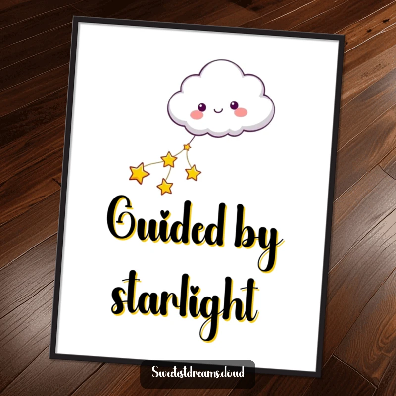 Funny poster illustrating a cloud character being gently pulled by a luminous string of stars, evoking a sense of magical journeys.