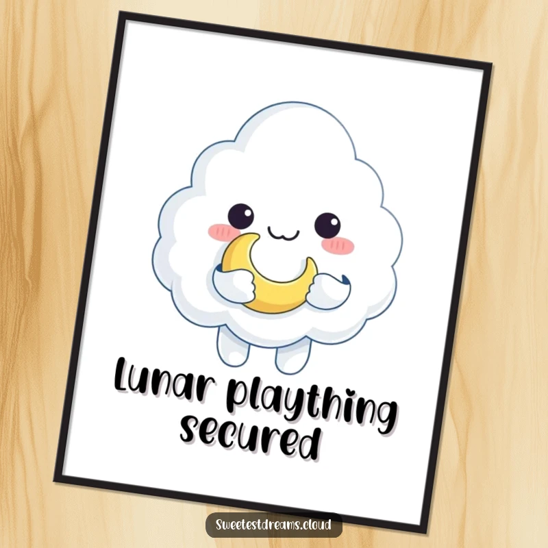 Funny cloud character holding a crescent moon as a toy, creating a whimsical and humorous art print for wall decor.