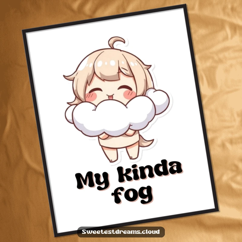 Funny Poster print of a giggling character artistically blowing whimsical, fluffy cloud shapes, adding a playful vibe.