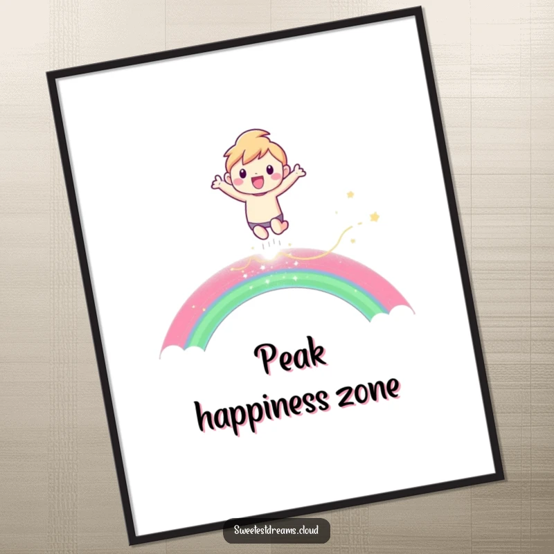 Funny Poster print of a character joyfully leaping over a shimmering rainbow, symbolizing hope and happiness.