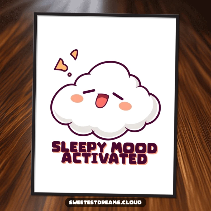 Funny cloud character yawning widely with a sleepy grin, creating a whimsical and humorous art print.