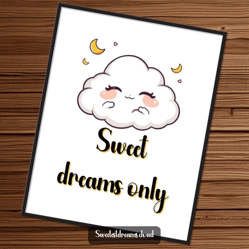 Funny poster of a cloud character dreaming peacefully with eyes closed, accompanied by tiny crescent moons, for serene decor.