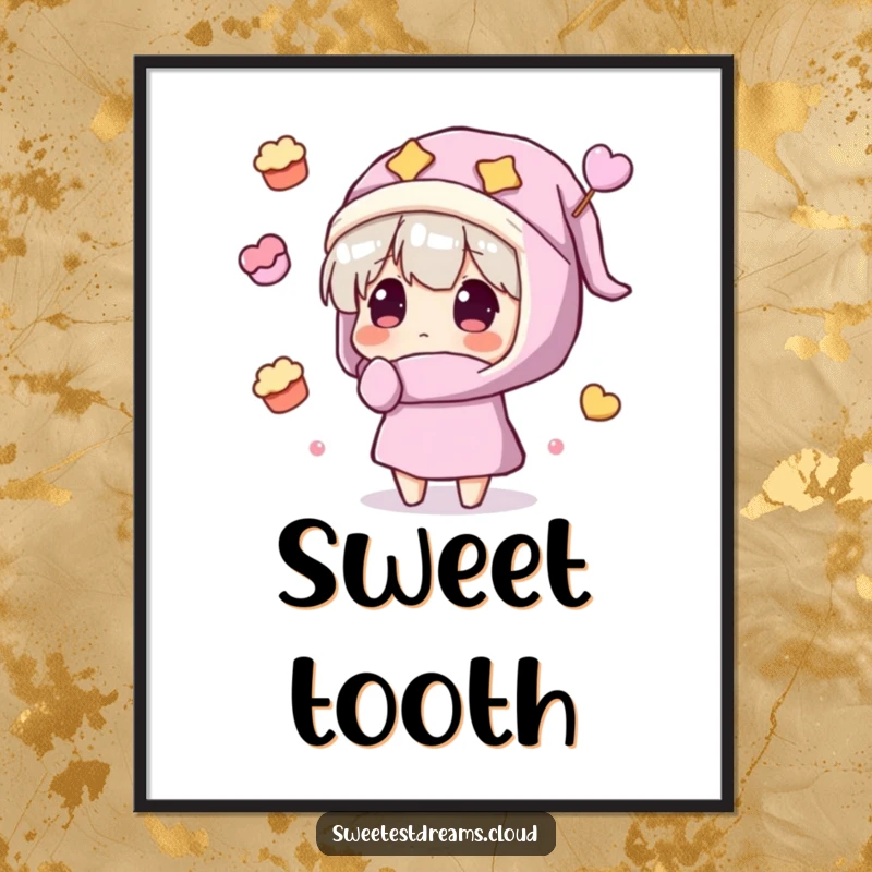 Funny Poster: A character in pajamas and nightcap looks utterly amazed by magically floating candies and desserts.