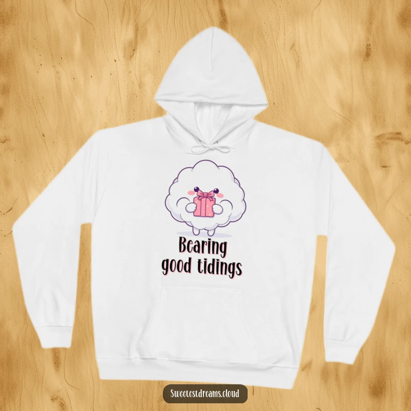 Funny cloud character presenting a sparkling gift box. Cozy, humorous hoodie.