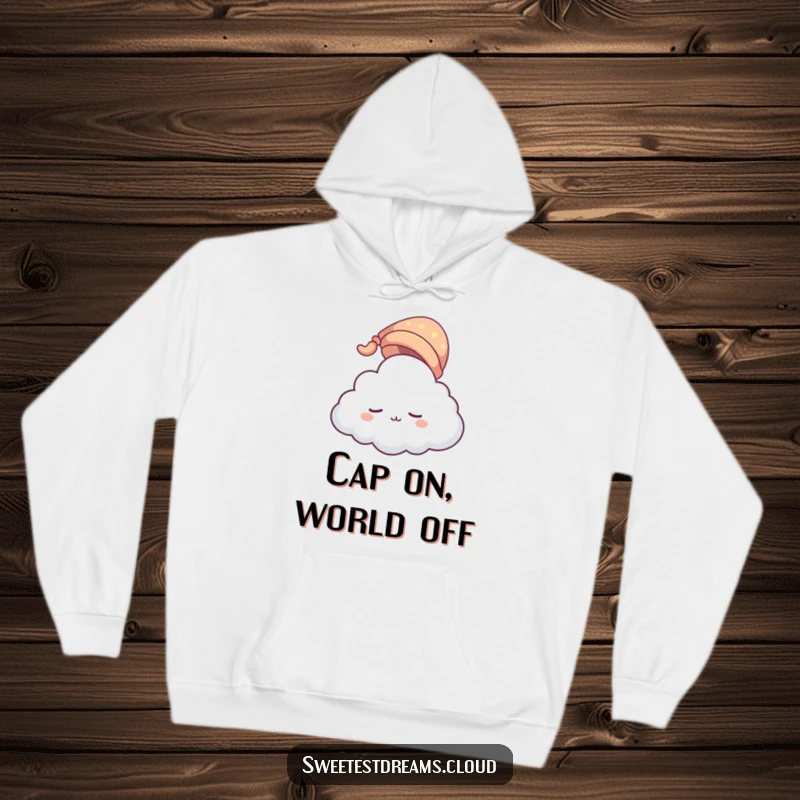 Funny cloud character hoodie wearing a tiny sleeping cap, floating gently. Cozy apparel designed for maximum comfort and peaceful dreams.
