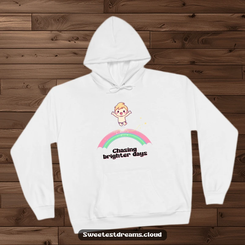 Funny Hoodie featuring a character joyfully leaping over a shimmering rainbow, designed for comfort and inspiring vibes.
