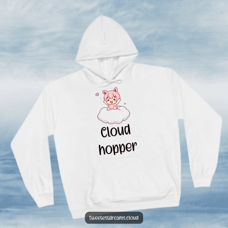 Funny Hoodie featuring a character energetically bouncing on a pillowy, marshmallow-like cloud, embodying pure, lighthearted fun.