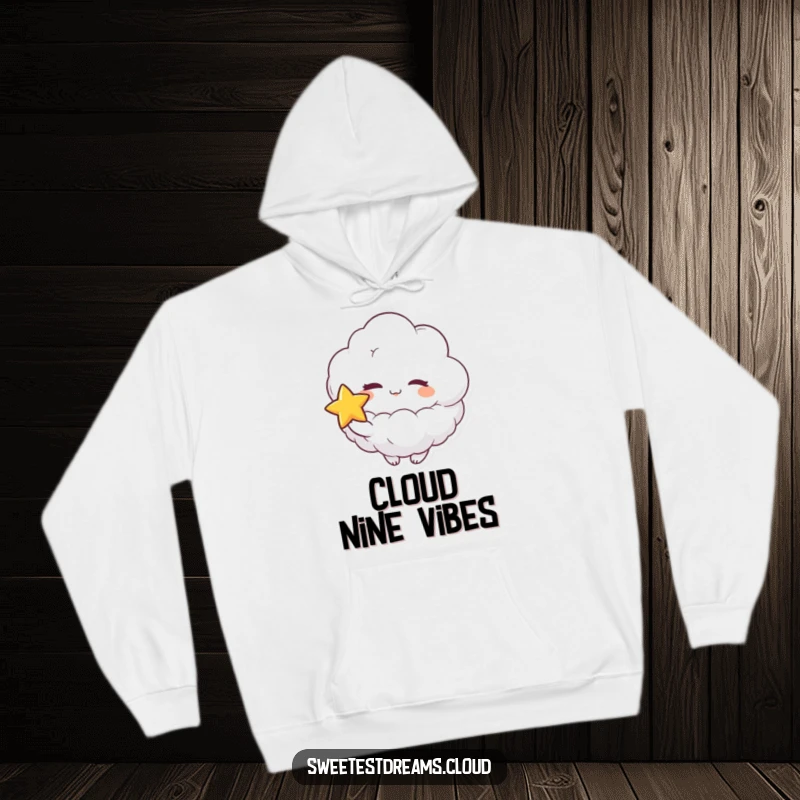 Funny hoodie with a fluffy cloud character playfully winking and holding a star, perfect for cozy nights and humorous stargazing.
