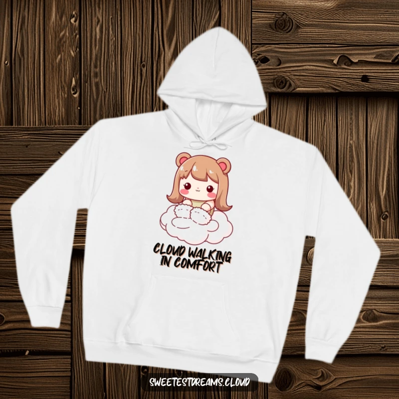 Funny kawaii character hoodie, wearing fluffy slippers, tiptoeing on a cloud, cozy and humorous loungewear.