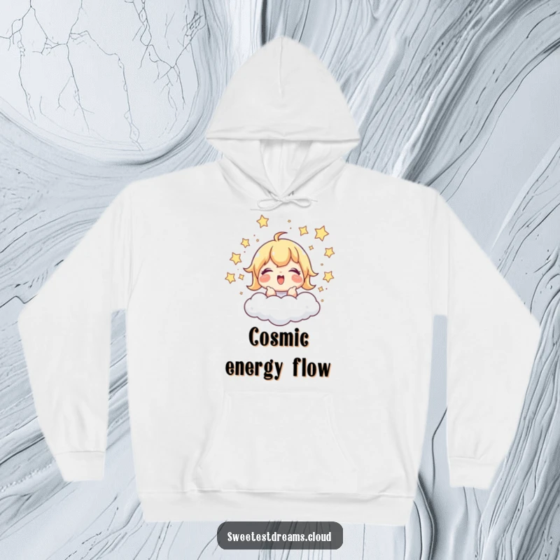 Funny Hoodie: A character giggles while chasing stars around a cloud, offering warm, humorous fun and playful comfort.