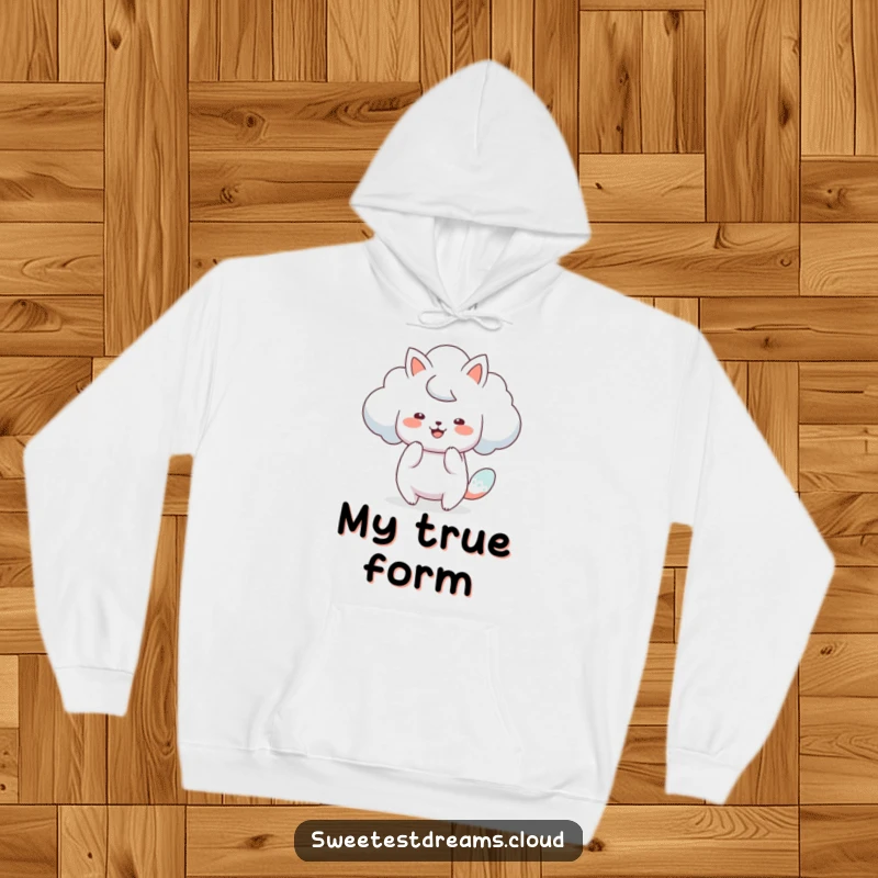 Funny artistic cloud hoodie showing a cloud character creatively shapeshifting into a playful animal.