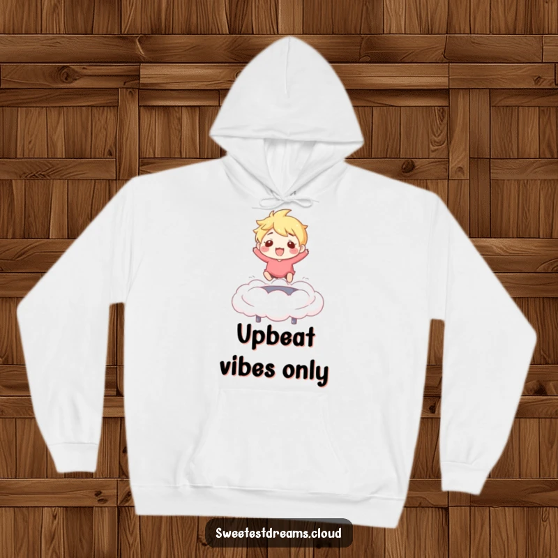 Funny Hoodie: Character enthusiastically bouncing on a cloud trampoline, a cozy and funny representation of happiness.