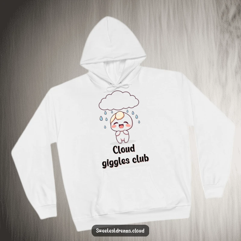 Funny kawaii character hoodie featuring a cute character giggling happily as sparkling dewdrops rain down from a soft cloud.